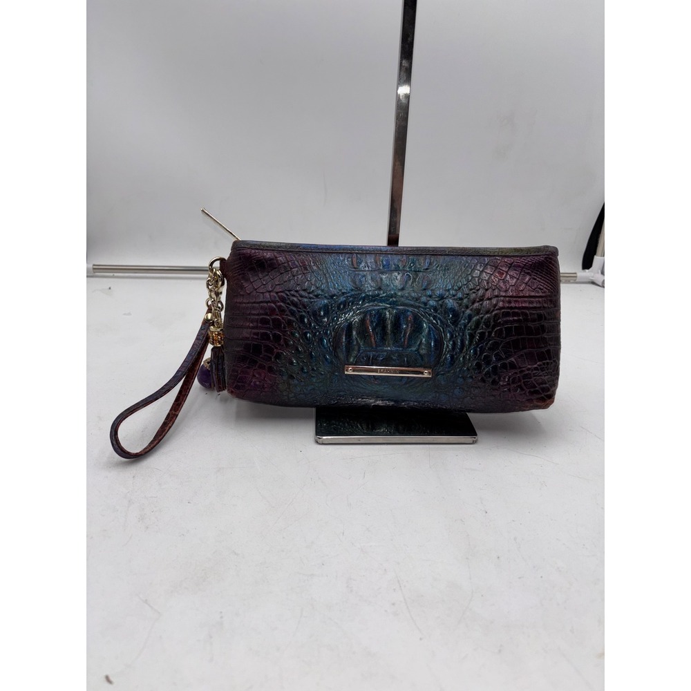 Brahmin Iridescent Melbourne Crocodile Embossed Leather Wristlet Clutch Purple